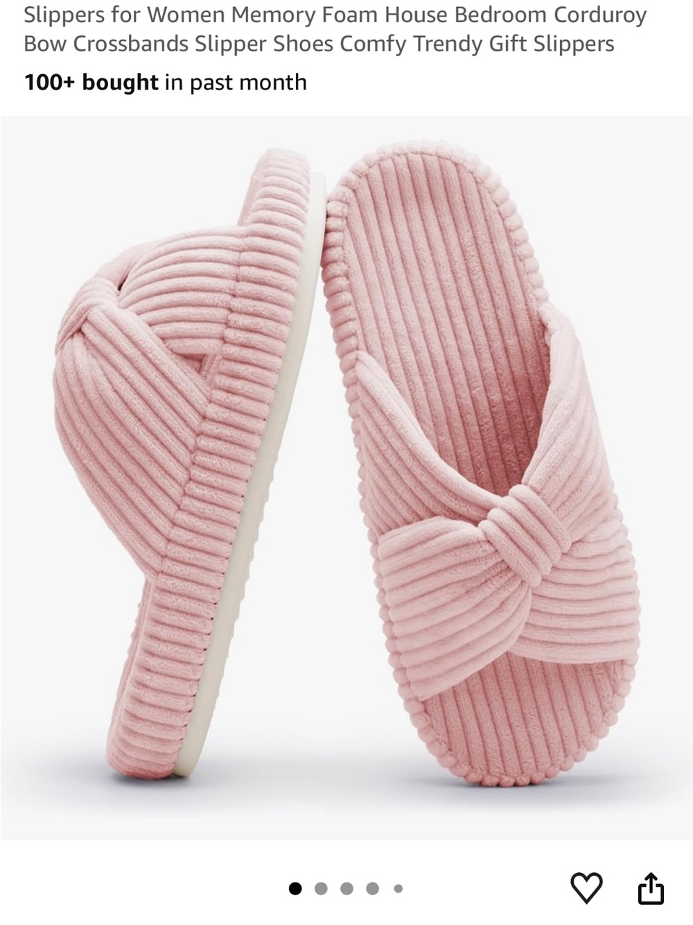 Corduroy Bow Memory Foam Slippers for Women - Pink